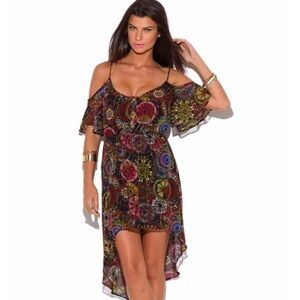 New With Tags Black Print High Low Hem Cold Shoulder Dress Size Small